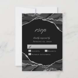 Cartão RSVP Casamento em Ágata Preta com Folha de Prata Elegan