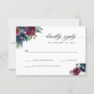 Cartão RSVP Casamento em Aquarela Azul Naval Burgundy Floral