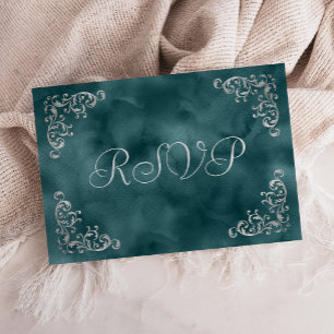 Cartão RSVP Casamento em Aquarela Azul Teal Prata Vintage