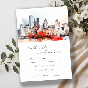 Cartão RSVP Casamento em Aquarela da Cidade de Boston Massachu