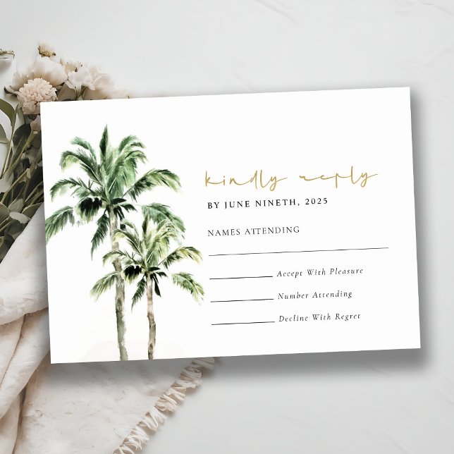 Cartão RSVP Casamento em Aquarela de Palmeiras na Praia Tropic (Criador carregado)