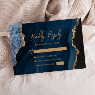 Cartão RSVP Casamento em Azul Naval Ágata Dourado Script