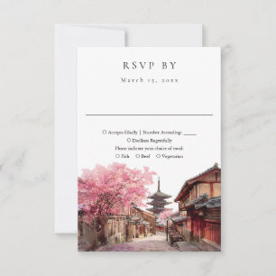Cartão RSVP Casamento em Kyoto Japão Aquarela Elegante