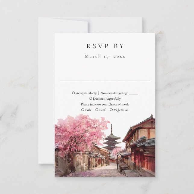 Cartão RSVP Casamento em Kyoto Japão Aquarela Elegante (Frente)
