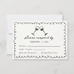 Cartão RSVP Casamento em Vinícola Desenhado à Mão Preto Quirky