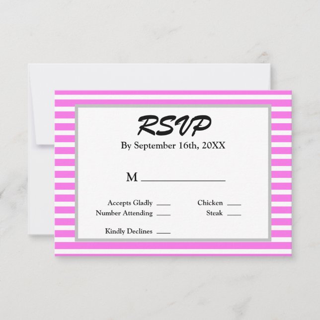 Cartão RSVP Casamento Enquadrado com Listras Rosa/Branco (Frente)