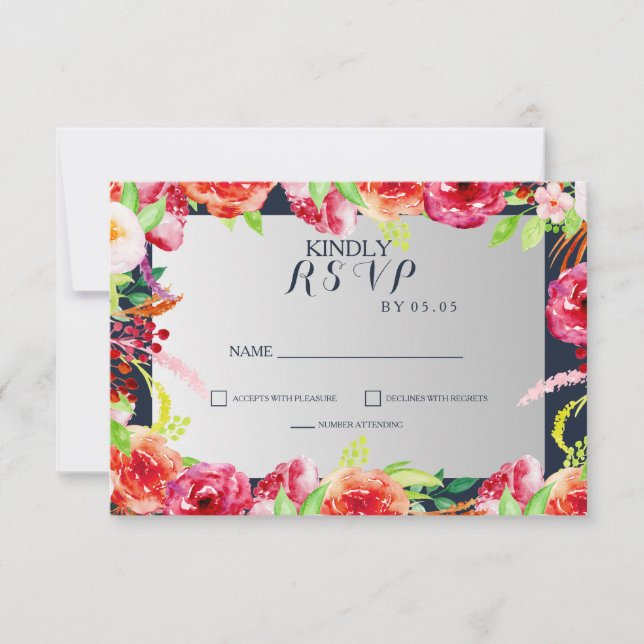 Cartão RSVP casamento entre marinhos e flores de aquarela prat (Frente)