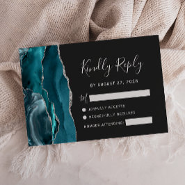 Cartão RSVP Casamento Escuro Ágata Prata Turquesa