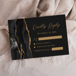 Cartão RSVP Casamento Escuro de Ágata Dourada Preta Moderna