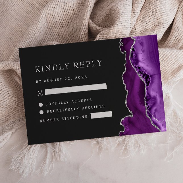 Cartão RSVP Casamento Escuro de Agato de Prata Roxo (Criador carregado)