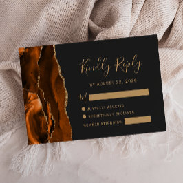 Cartão RSVP Casamento Escuro Dourado Ágata Laranja Queimada