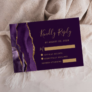 Cartão RSVP Casamento Escuro Dourado de Agate Roxo Moderno
