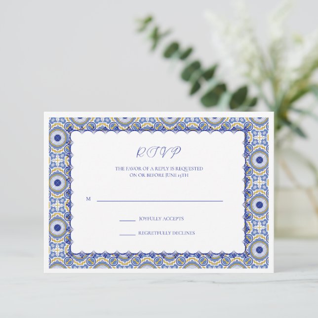 Cartão RSVP Casamento Espanhol de Talavera Mexicana Azul (Em pé/Frente)