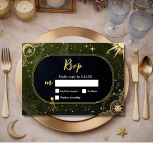 Cartão RSVP Casamento Estrela Cadente Verde Oliva Celestial