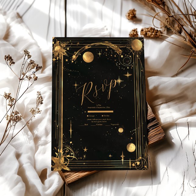 Cartão RSVP Casamento Estrelas Lua Meia-Noite Celestial (Criador carregado)