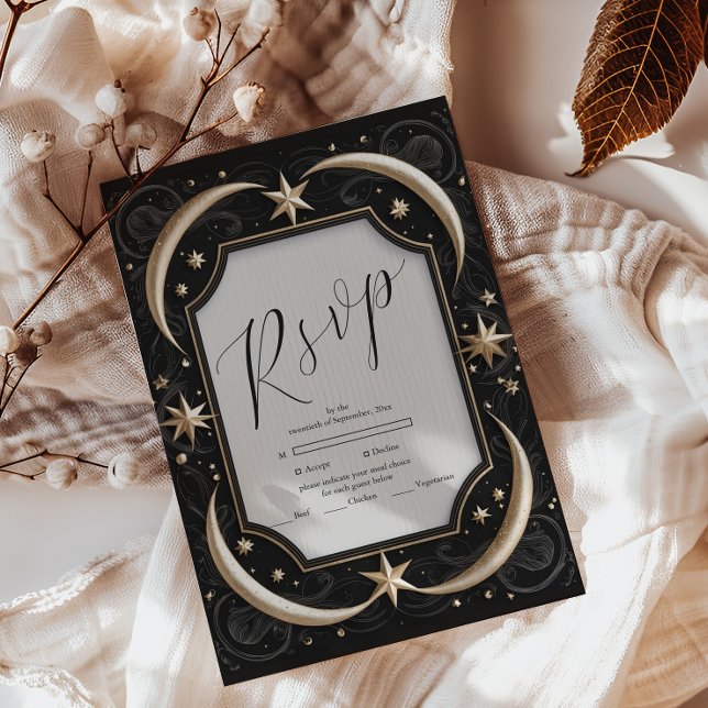 Cartão RSVP Casamento Estrelas Lua Preta Meia-Noite Celestial (Criador carregado)