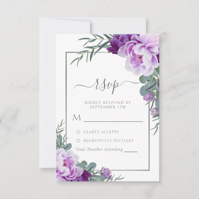 Cartão RSVP Casamento Eucalipto Floral Elegante Roxo e Prata (Frente)