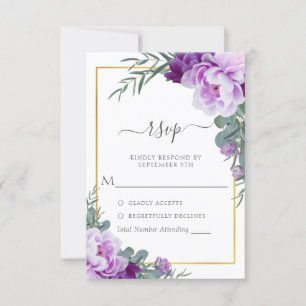 Cartão RSVP Casamento Eucalipto Floral Roxo e Dourado Elegante