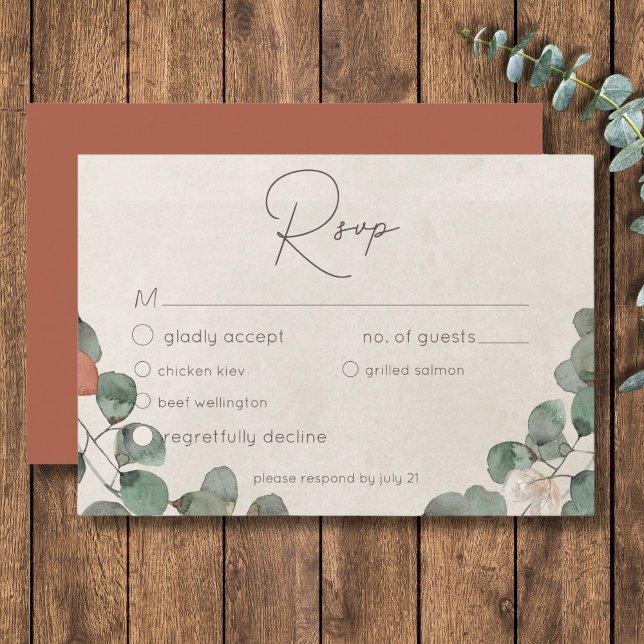Cartão RSVP Casamento Eucalipto Wreath Verde Mínimo (Minimal Rust Green Eucalyptus Wreath Wedding RSVP Card)