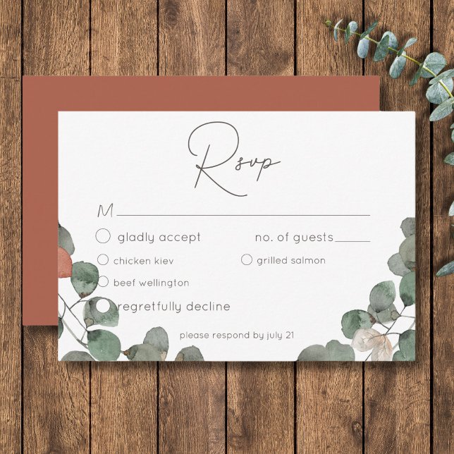 Cartão RSVP Casamento Eucalipto Wreath Verde Mínimo (Minimal Rust Green Eucalyptus Wreath Wedding RSVP Card)