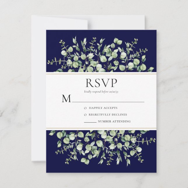 Cartão RSVP Casamento Eucalyptus Azul marinho (Frente)