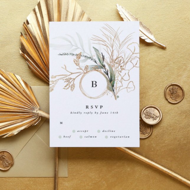 Cartão RSVP Casamento Eucalyptus Dourado Premium (Criador carregado)