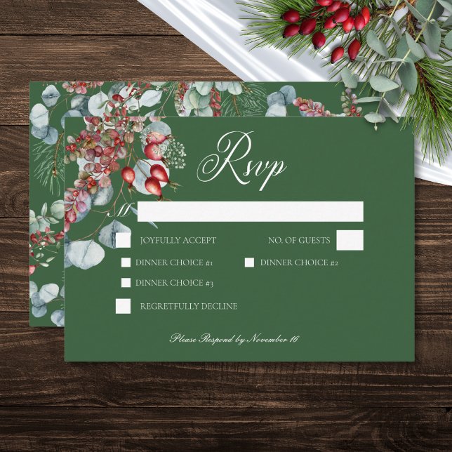 Cartão RSVP Casamento Eucalyptus em Berries Verdes Winter Pine (Green Winter Pine Berries Eucalyptus Wedding RSVP Card)