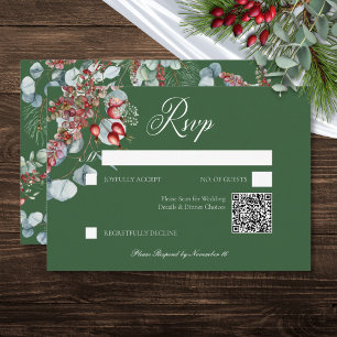 Cartão RSVP Casamento Eucalyptus em Berries Verdes Winter Pine