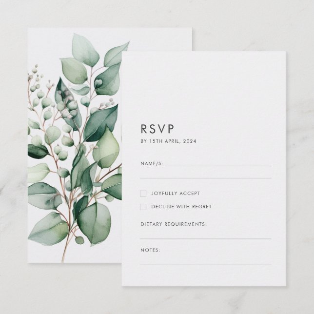 Cartão RSVP Casamento Eucalyptus Greenery Mínimo Elegante (Frente/Verso)