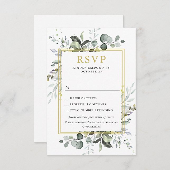 Cartão RSVP CASAMENTO Eucalyptus Simples ESCOLHA (Frente/Verso)
