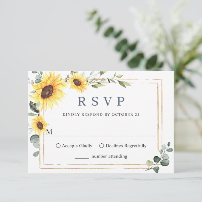 Cartão RSVP Casamento Eucalyptus Sunflower Elegante (Em pé/Frente)