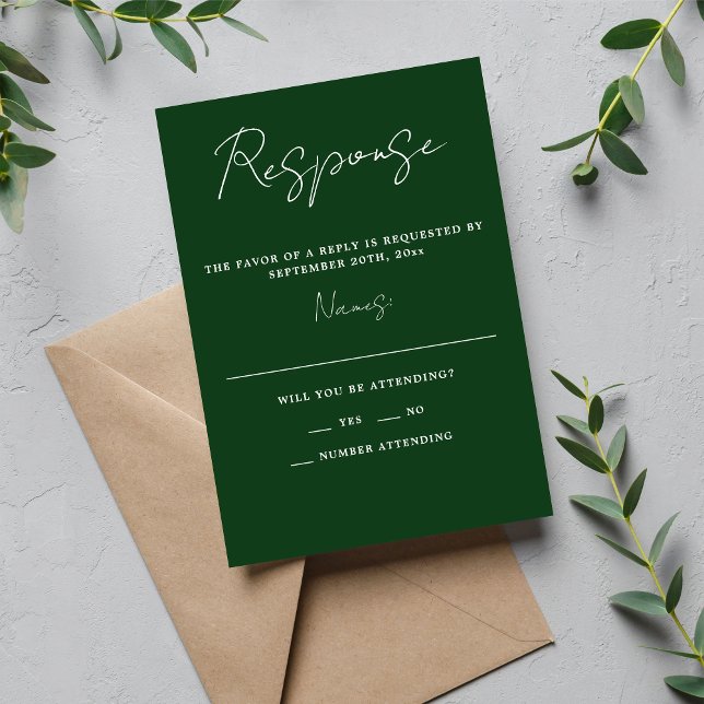 Cartão RSVP Casamento Evergreen Mínimo do Script Simplicity 3  (Criador carregado)