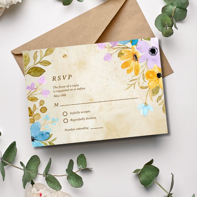 Cartão RSVP Casamento Exterior Russo de Papel Fleal (Floral Aged Paper Rustic Outdoor Wedding RSVP Card)