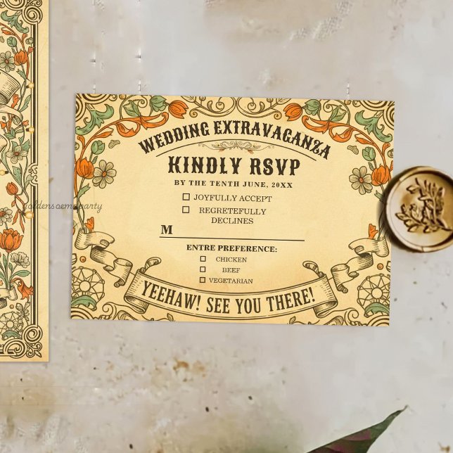 Cartão RSVP Casamento Extravagante com Tema de Feira Rústica A (Vintage Rustic Country Fair Wedding Extravaganza RSVP Card)