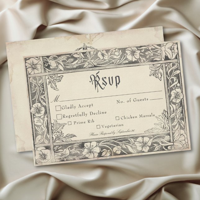 Cartão RSVP Casamento Fantasia Medieval Vintage Preto Gravura (Medieval Fantasy Vintage Black Etching Wedding RSVP Card)