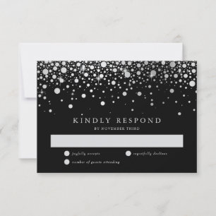 Cartão RSVP Casamento Faux Silver Foil Confetti Black e Silver