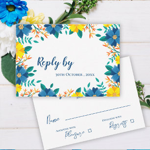Cartão RSVP Casamento Floral Amarelo Azul Bonito Trendy