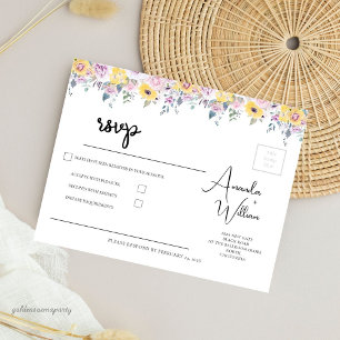 Cartão RSVP Casamento Floral Amarelo Mostarda e Lavanda Modern