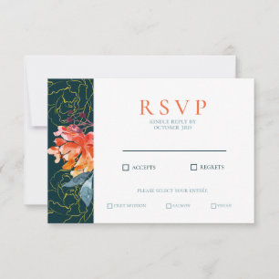 Cartão RSVP Casamento Floral Aquarela Coral Azul Elegante