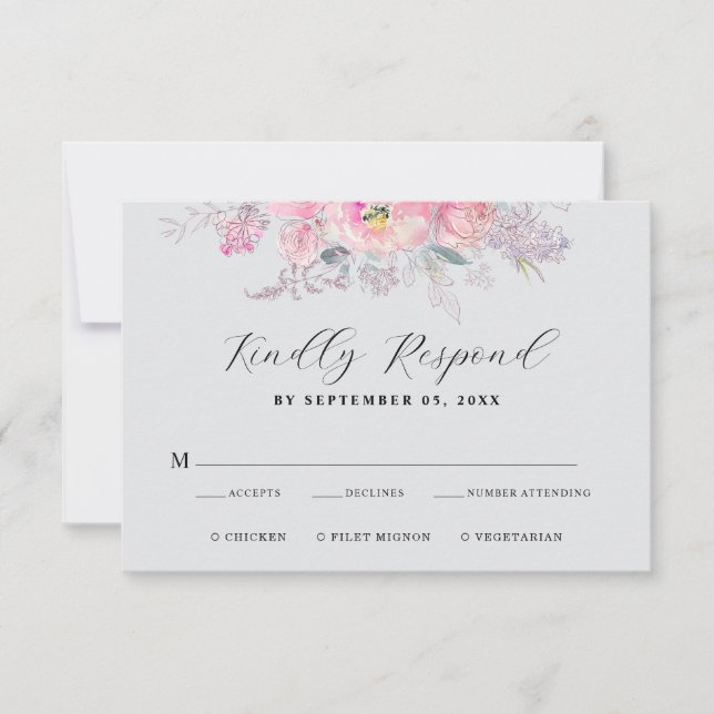 Cartão RSVP Casamento Floral Aquarela Rosa Choque Rústico (Frente)