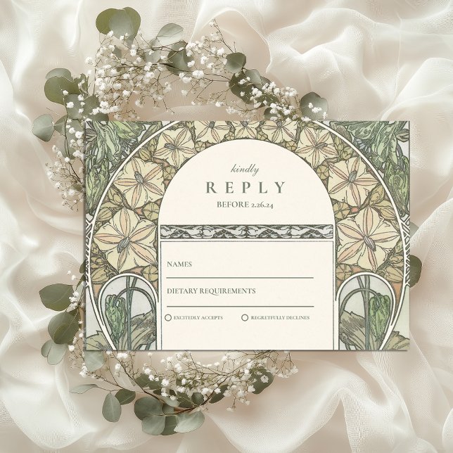 Cartão RSVP Casamento Floral Art Nouveau Greenery (Criador carregado)