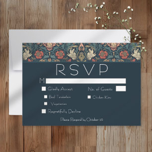 Cartão RSVP Casamento Floral Azul Art Nouveau William Morris
