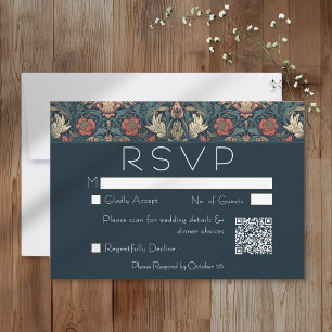Cartão RSVP Casamento Floral Azul Art Nouveau William Morris