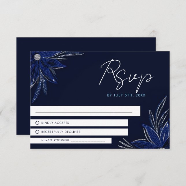 Cartão RSVP Casamento Floral Azul Chic Silver e Marinho (Frente/Verso)