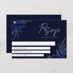 Cartão RSVP Casamento Floral Azul Chic Silver e Marinho