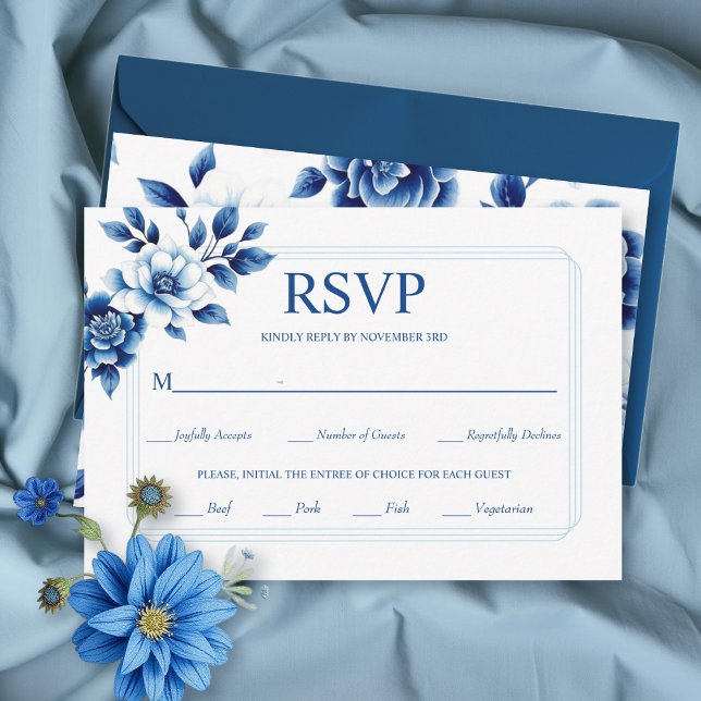 Cartão RSVP Casamento floral azul da Chinoiserie e da fronteir (Criador carregado)