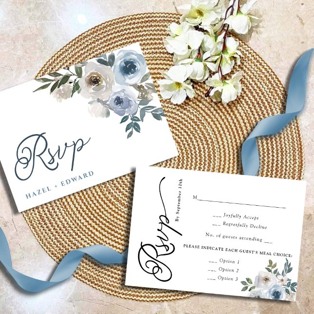 Cartão RSVP Casamento Floral Azul Dusty Elegante Simples (Simple Elegant Dusty Blue Floral Wedding RSVP Card)