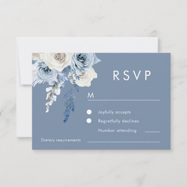 Cartão RSVP Casamento Floral Azul e Branco Moderno (Frente)