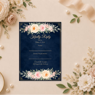 Cartão RSVP Casamento Floral Azul Elegante