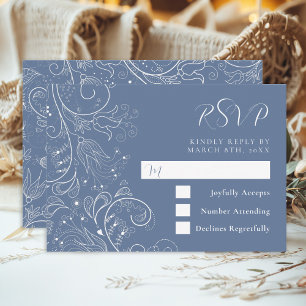 Cartão RSVP Casamento Floral Azul Elegante